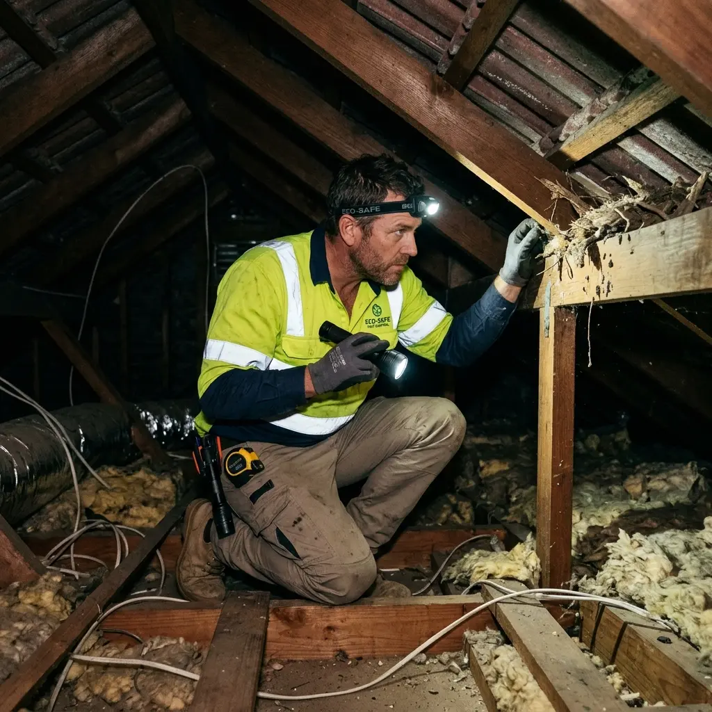 Technician inspecting a roof cavity for a dead animal in Ringwood East